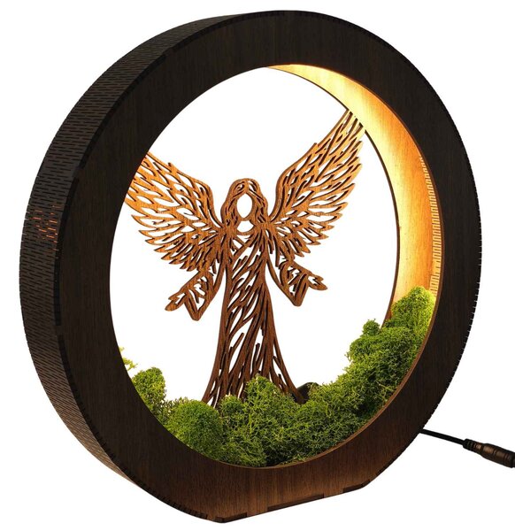 Dřevěná LED lampa Anděl světla s mechem | MICHAEL: HDF - Ořech 20 cm 4778-115060 LED0606