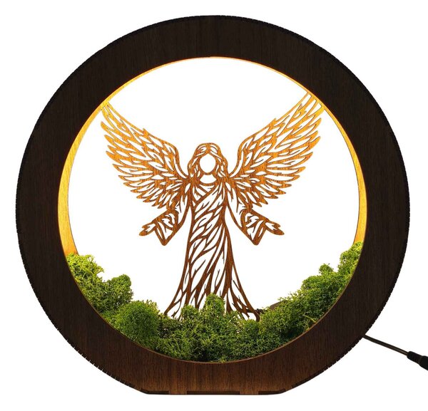 Dřevěná LED lampa Anděl světla s mechem | MICHAEL: HDF - Ořech 20 cm 4778-115060 LED0606