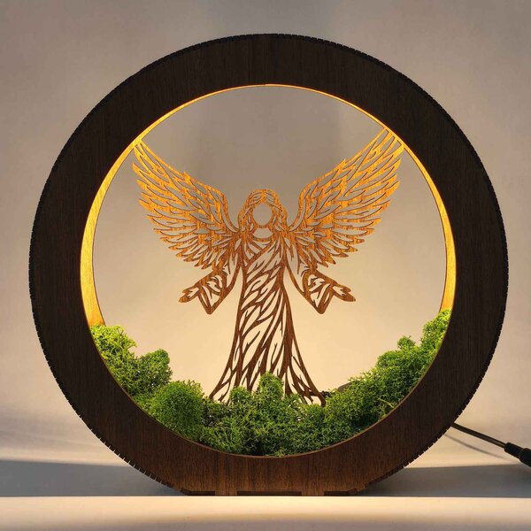 Dřevěná LED lampa Anděl světla s mechem | MICHAEL: HDF - Ořech 20 cm 4778-115060 LED0606