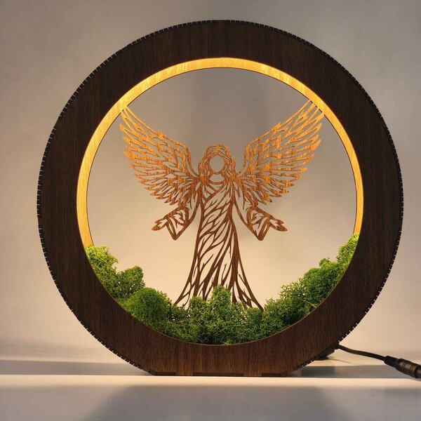 Dřevěná LED lampa Anděl světla s mechem | MICHAEL: HDF - Ořech 20 cm 4778-115060 LED0606