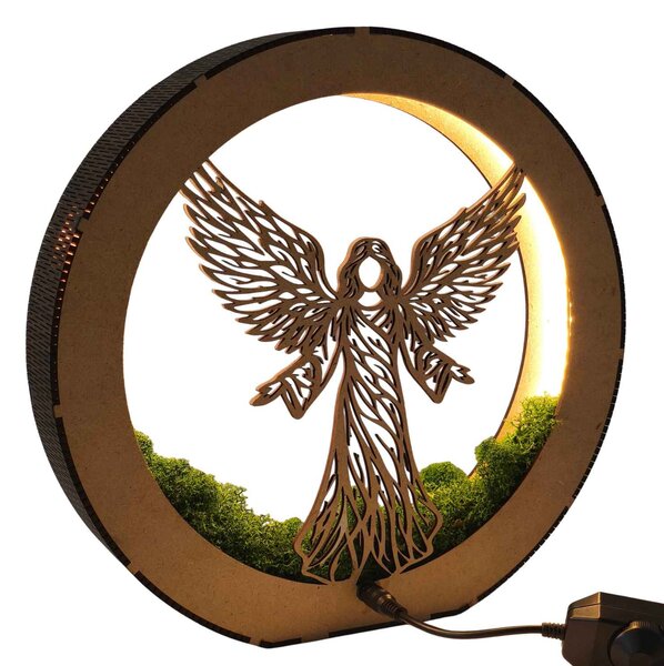 Dřevěná LED lampa Anděl světla s mechem | MICHAEL: HDF - Ořech 20 cm 4778-115060 LED0606