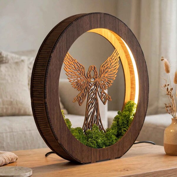 Dřevěná LED lampa Anděl světla s mechem | MICHAEL: HDF - Ořech 20 cm 4778-115060 LED0606