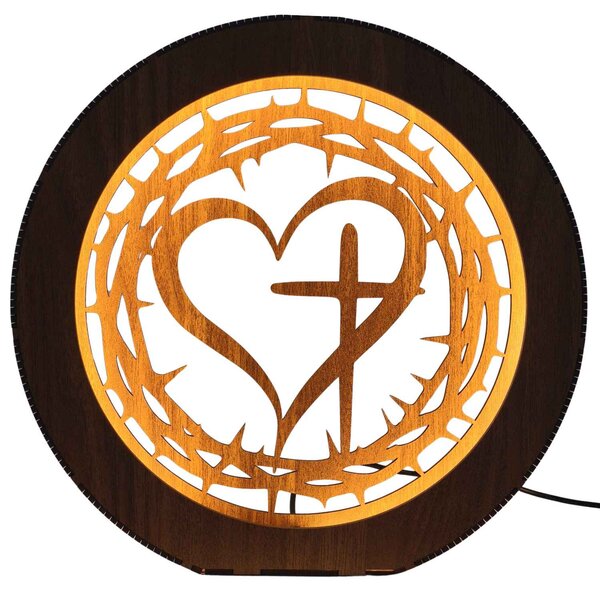 Dřevěná LED lampa Srdce s křížem a trnovou korunou | JEZUE: HDF - Ořech 20 cm 4779-115090 LED0600