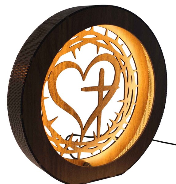 Dřevěná LED lampa Srdce s křížem a trnovou korunou | JEZUE: HDF - Ořech 20 cm 4779-115090 LED0600