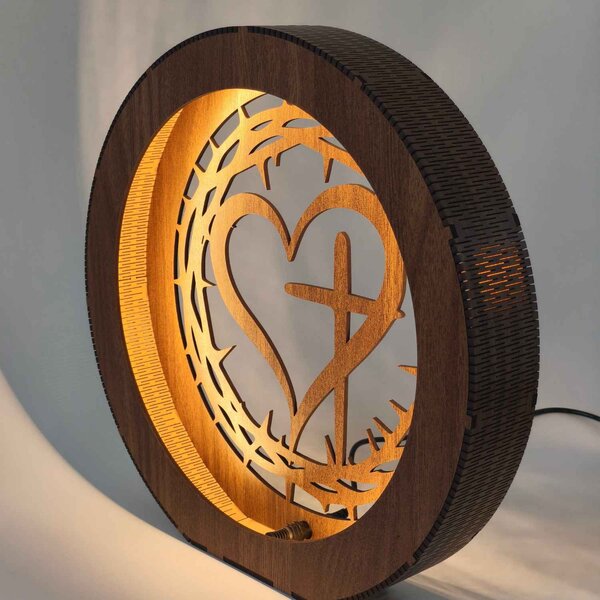 Dřevěná LED lampa Srdce s křížem a trnovou korunou | JEZUE: HDF - Ořech 20 cm 4779-115090 LED0600