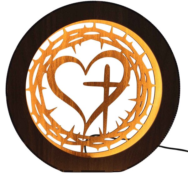 Dřevěná LED lampa Srdce s křížem a trnovou korunou | JEZUE: HDF - Ořech 20 cm 4779-115090 LED0600