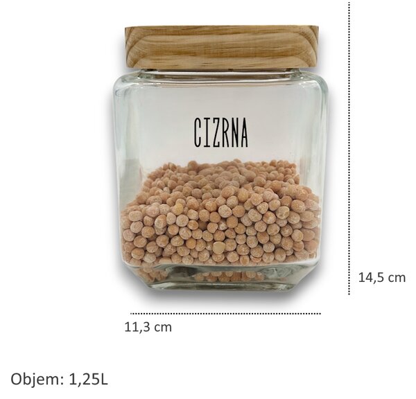5Five® Skleněná bytelná dóza hranatá s dřevěným víkem, 1,25l KWADR