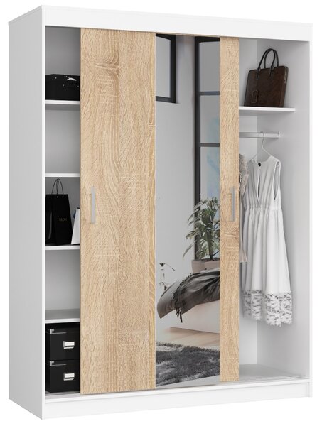Šatní skříň s posuvnými dveřmi a zrcadlem 150cm bílá / sonoma