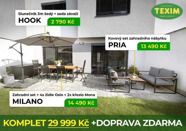 Zahradní set KOMPLET 3v1 – jídelní set, lounge set a slunečník