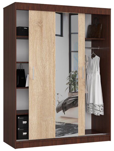 Šatní skříň s posuvnými dveřmi a zrcadlem 150cm wenge / sonoma