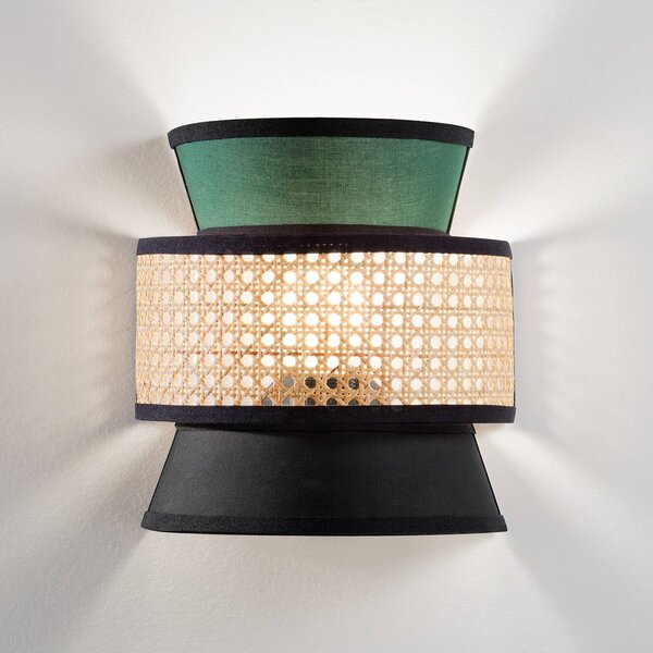 Luce Ambiente Design Nástěnné světlo Gazebo, zelená/černá/přírodní, 24 cm, látka/rattan, stmívatelný, Zelená, Obývací pokoj / jídelna, Textil / tkanina / hedvábí
