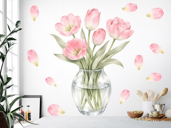 Tulipány ve váze textilní přelepitelné samolepky na zeď arch 36 x 46 cm