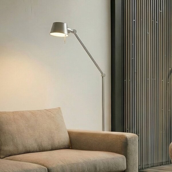 Lucande stojací lampa Silka, 173 cm, saténový nikl, nastavitelná, Hliník / šedá / zinek, Pracovna / kancelář, kov, Moderní