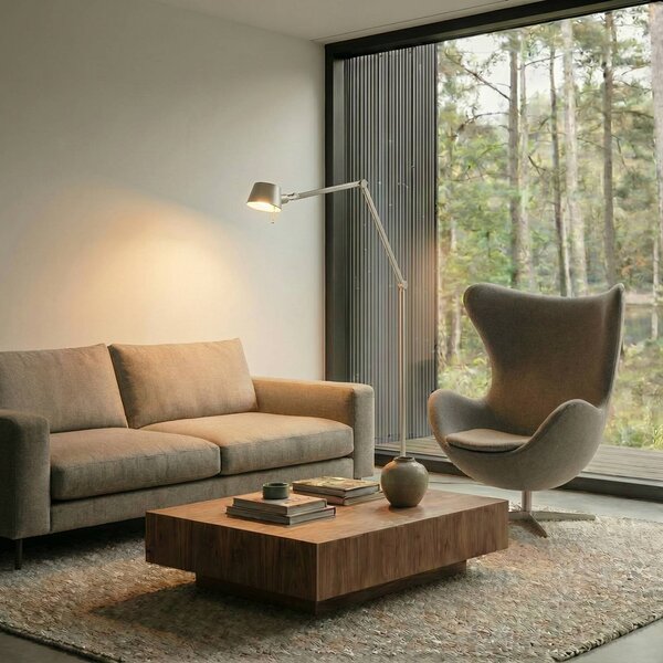 Lucande stojací lampa Silka, 216 cm, saténový nikl, nastavitelná, Hliník / šedá / zinek, Pracovna / kancelář, kov, Moderní