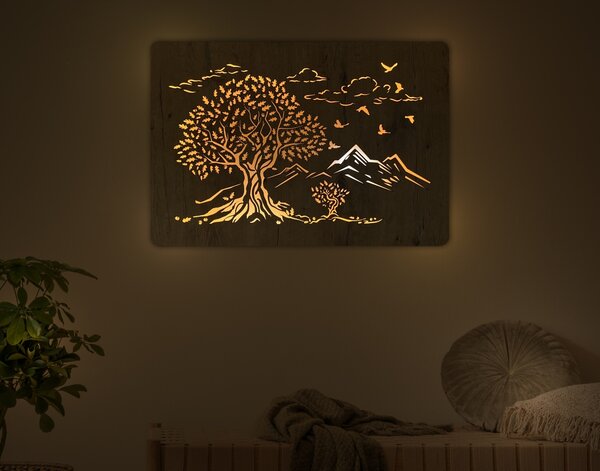 "Dva duby" světelný obraz s baterií 90x62cm varianta ovládání: manuál/pohybové čidlo, provedení povrchu: bříza