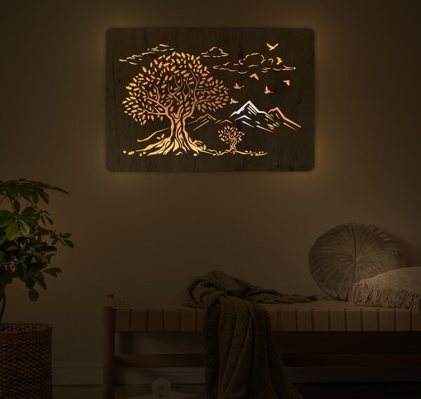 "Dva duby" světelný obraz s baterií 90x62cm varianta ovládání: manuál/pohybové čidlo, provedení povrchu: bříza
