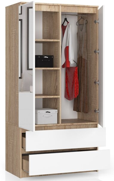 Šatní skříň s otočnými dveřmi a zrcadlem 90cm sonoma / bílá