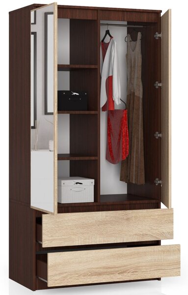 Šatní skříň s otočnými dveřmi a zrcadlem 90 cm wenge / sonoma