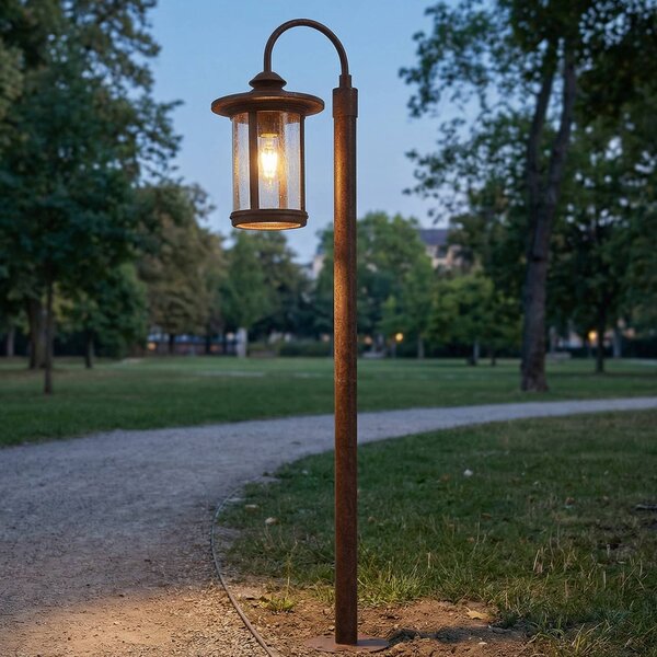 Lindby Osvětlení cesty Zayn, barva rezavá, sklo, výška 109 cm, IP65, stmívatelný, Hnědá / rez, Hliník, Starožitný, Lucerna