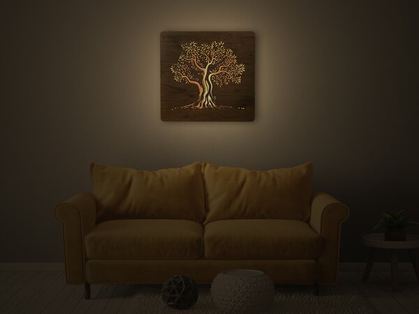 "Olivovník" světelný obraz s baterií 62x62cm varianta ovládání: manuál/pohybové čidlo, provedení povrchu: dub