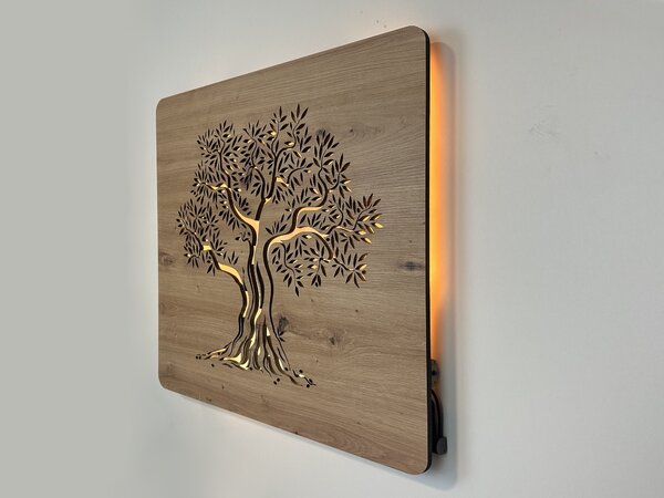 "Olivovník" světelný obraz s baterií 62x62cm varianta ovládání: manuál/pohybové čidlo, provedení povrchu: dub