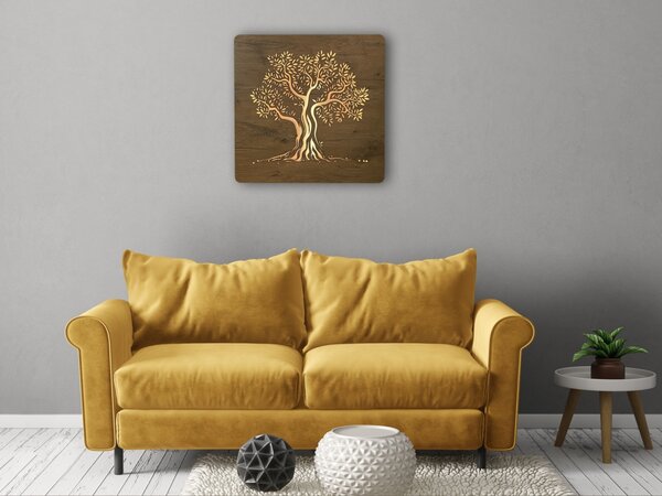 "Olivovník" světelný obraz s baterií 62x62cm varianta ovládání: manuál/pohybové čidlo, provedení povrchu: dub