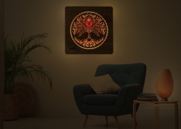 "Strom srdce" světelný obraz s baterií 62x62cm varianta ovládání: manuál/pohybové čidlo, provedení povrchu: dub světlý