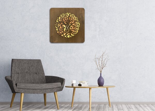 "Strom života" světelný obraz s baterií 62x62cm varianta ovládání: manuál/pohybové čidlo, provedení povrchu: dub světlý