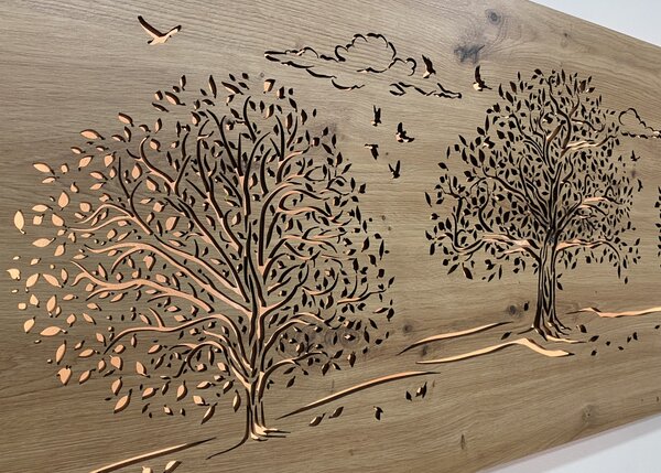 "Tři lípy" světelný obraz 230V 110x50cm provedení povrchu: dub světlý
