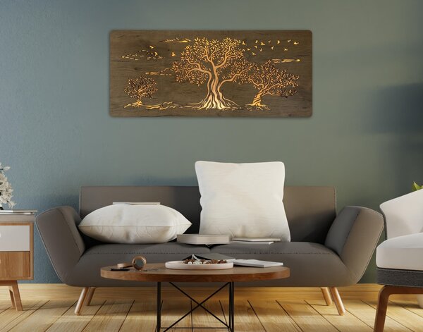 "Tři olivy" světelný obraz s baterií 110x50cm varianta ovládání: manuál/pohybové čidlo, provedení povrchu: dub světlý