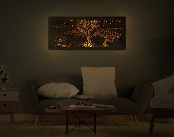 "Tři olivy" světelný obraz s baterií 110x50cm varianta ovládání: manuál/pohybové čidlo, provedení povrchu: dub světlý