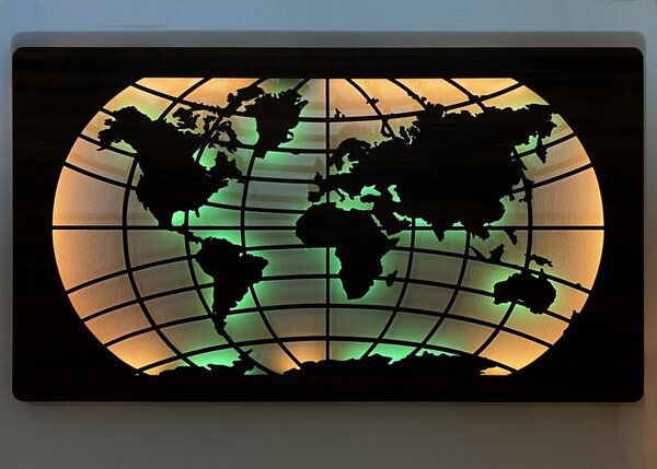 "Mapa světa rovnoběžky" světelný RGBW obraz 230V 125x73cm provedení povrchu: dub světlý