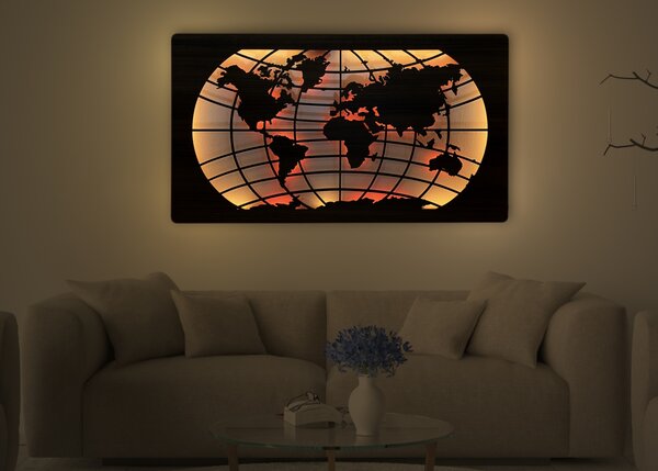 "Mapa světa rovnoběžky" světelný RGBW obraz 230V 125x73cm provedení povrchu: dub světlý