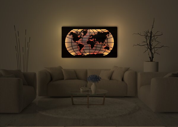 "Mapa světa rovnoběžky" světelný RGBW obraz 230V 125x73cm provedení povrchu: dub světlý