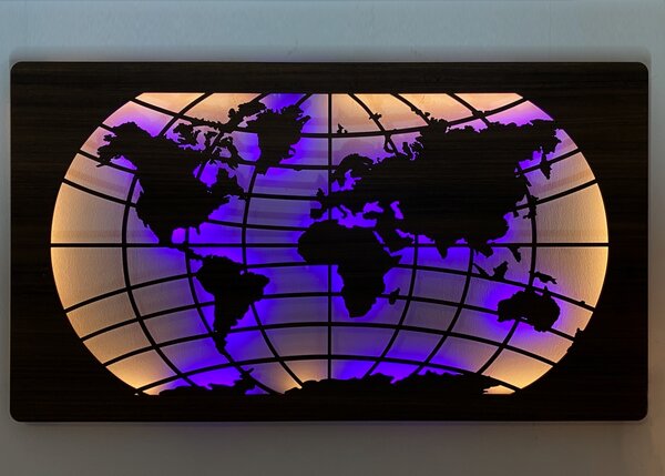 "Mapa světa rovnoběžky" světelný RGBW obraz 230V 125x73cm provedení povrchu: dub světlý