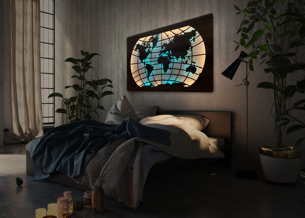 "Mapa světa rovnoběžky" světelný RGBW obraz 230V 125x73cm provedení povrchu: dub světlý