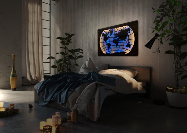 "Mapa světa rovnoběžky" světelný RGBW obraz 230V 125x73cm provedení povrchu: dub světlý