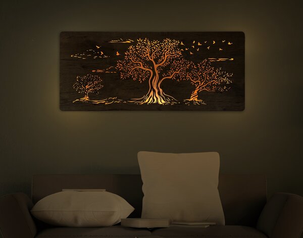 "Tři olivy" světelný obraz s baterií 110x50cm varianta ovládání: manuál/pohybové čidlo, provedení povrchu: dub světlý