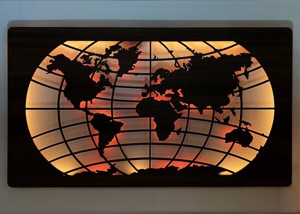 "Mapa světa rovnoběžky" světelný RGBW obraz 230V 125x73cm provedení povrchu: dub světlý