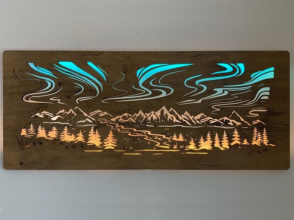 "Polární záře" světelný RGBW obraz 230V 120x50cm provedení povrchu: dub světlý