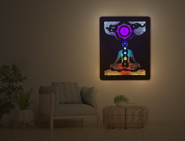"Čakry" světelný obraz s baterií 70x90cm varianta ovládání: manuál/pohybové čidlo, provedení povrchu: dub světlý