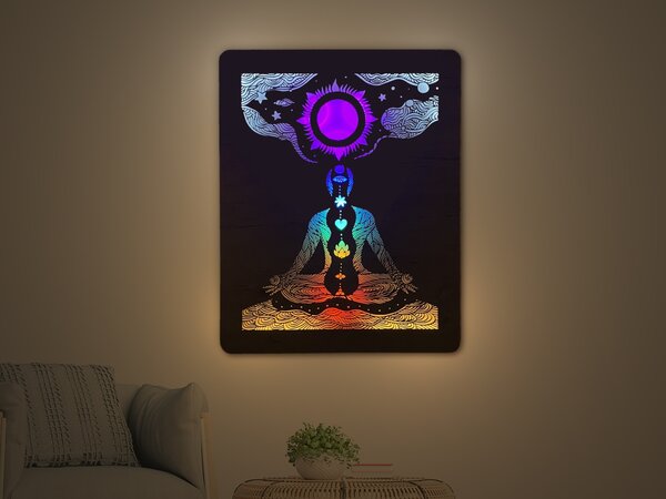 "Čakry" světelný obraz s baterií 70x90cm varianta ovládání: manuál/pohybové čidlo, provedení povrchu: dub světlý