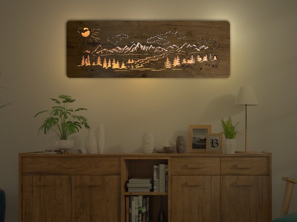 "Hory, les" světelný obraz 230V 120x40cm provedení povrchu: dub světlý