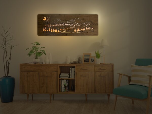 "Hory, les" světelný obraz 230V 120x40cm provedení povrchu: dub světlý