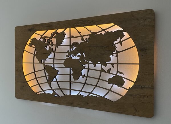 "Mapa světa rovnoběžky" světelný obraz s baterií 110x60cm varianta: ovládání na obraze bez dálkového ovladače, provedení: dub světlý
