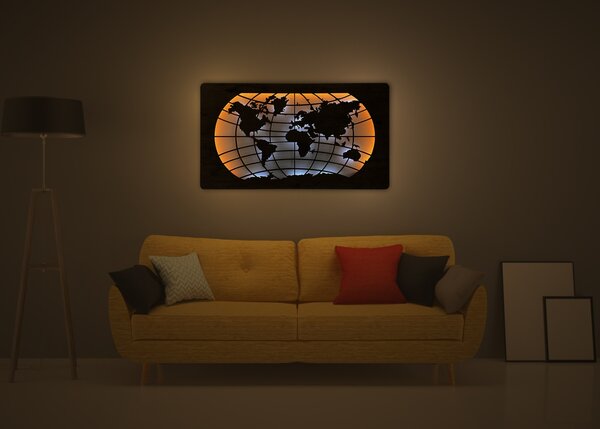 "Mapa světa rovnoběžky" světelný obraz s baterií 110x60cm varianta: ovládání na obraze bez dálkového ovladače, provedení: dub světlý