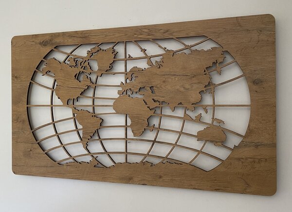 "Mapa světa rovnoběžky" světelný obraz s baterií 110x60cm varianta: ovládání na obraze bez dálkového ovladače, provedení: dub světlý