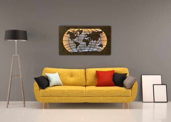 "Mapa světa rovnoběžky" světelný obraz s baterií 110x60cm varianta: ovládání na obraze bez dálkového ovladače, provedení: dub světlý