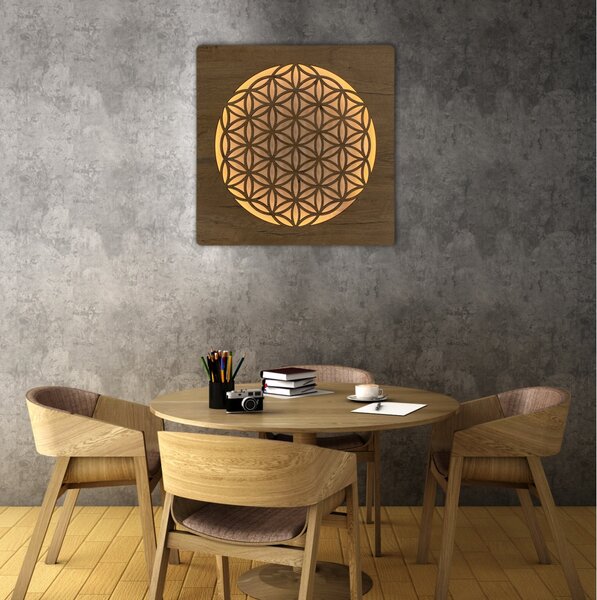 "Květ života" světelný obraz s baterií 62x62cm varianta ovládání: manuál/pohybové čidlo, provedení povrchu: dub světlý
