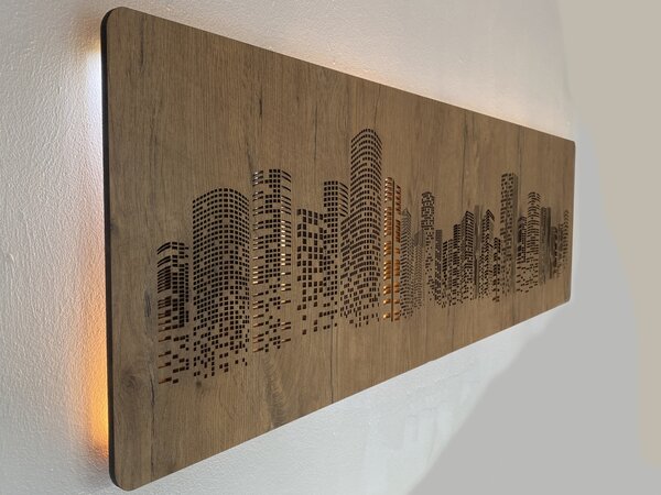 "Mrakodrapy" světelný obraz 230V 125x40cm provedení povrchu: dub světlý
